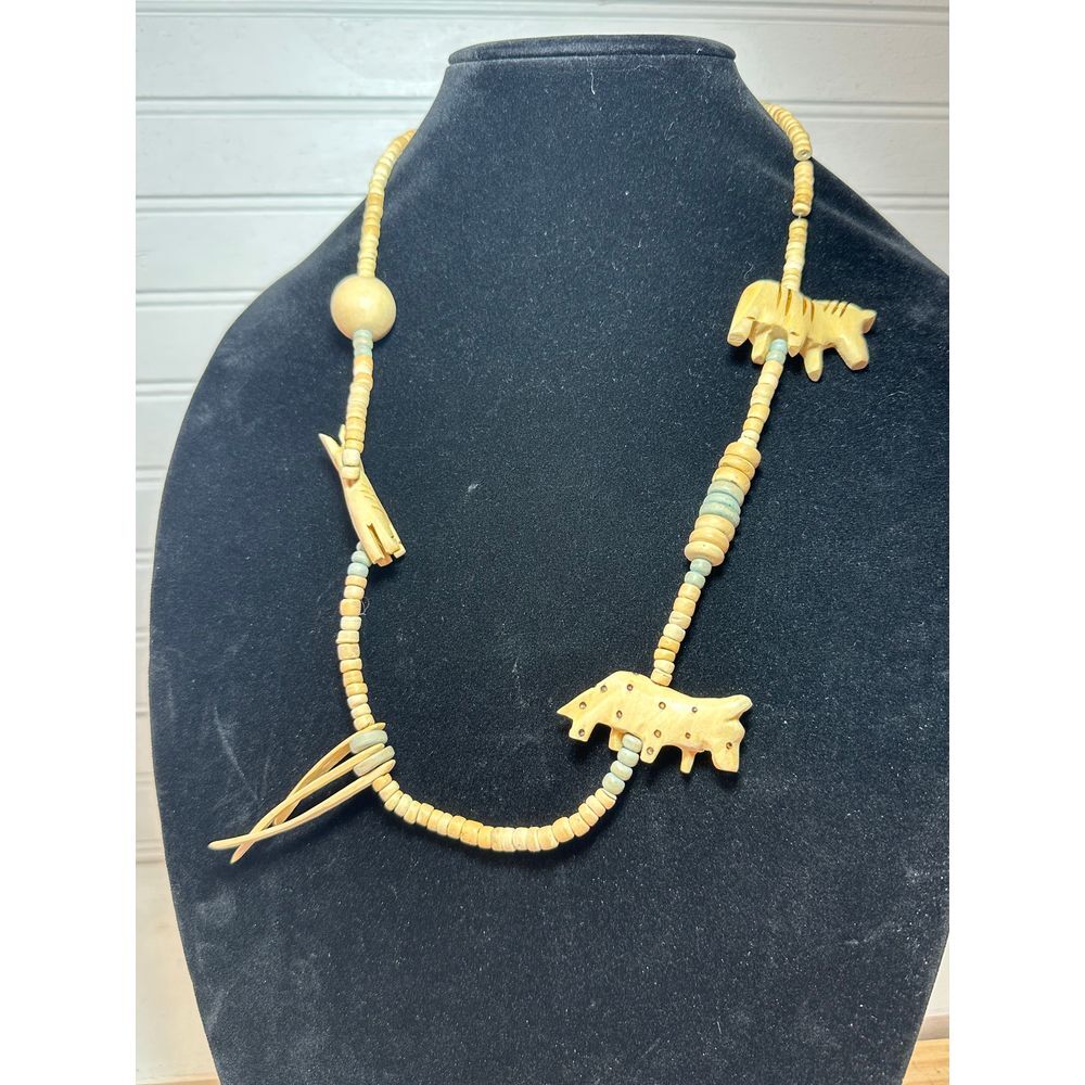 Vintage wood Necklace Safari Giraffe Zebra Hippie Boho Statement Jewelry